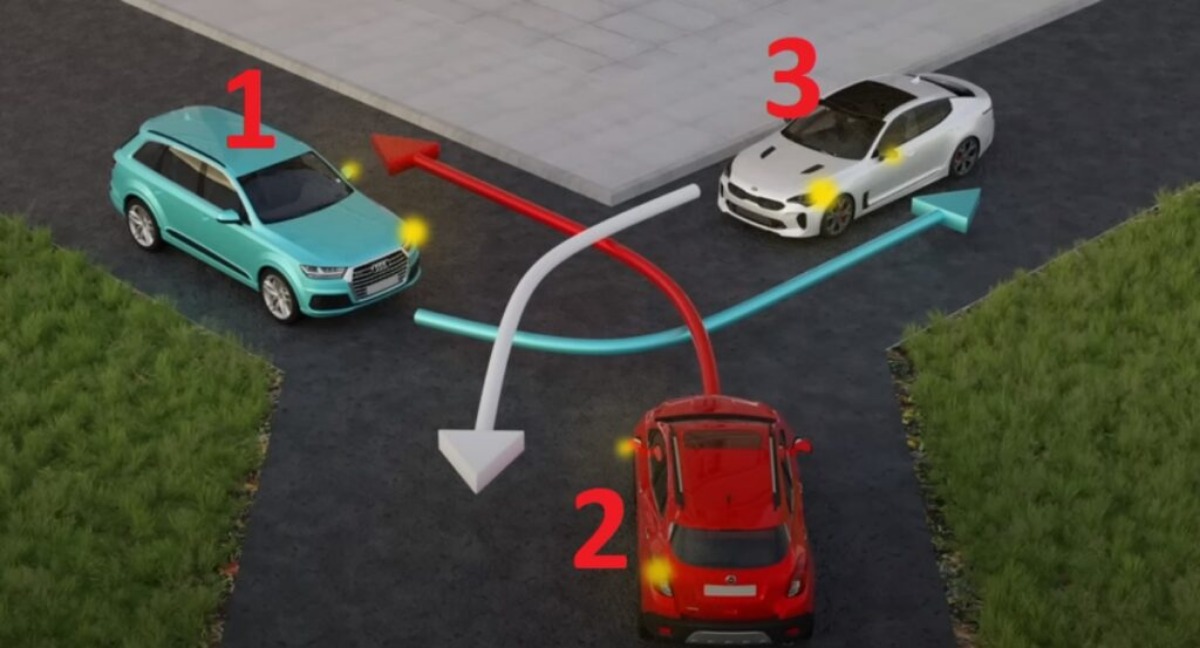 Lastig dilemma: Welke auto heeft er voorrang op dit Y-kruispunt